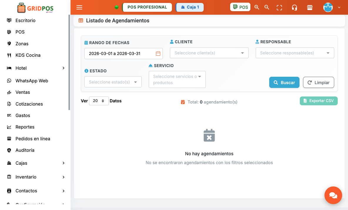 GridPOS — Listado de agendamientos con filtros