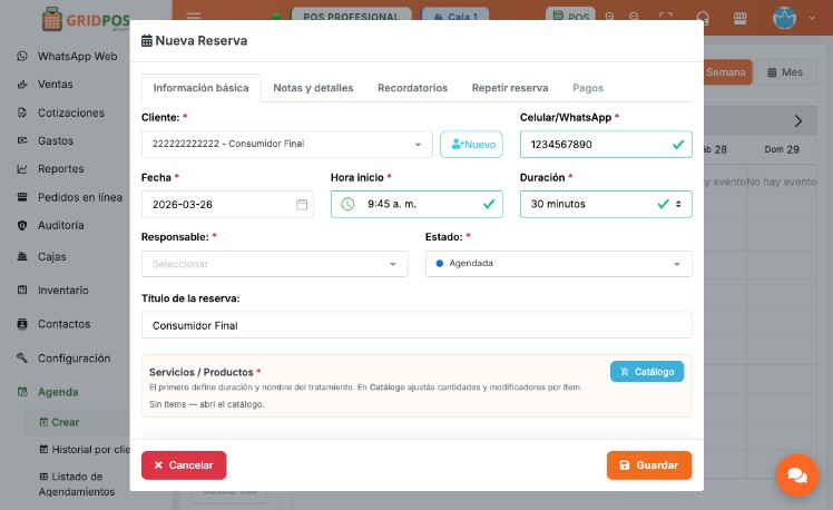 GridPOS — Modal Nueva reserva con información básica y pestañas