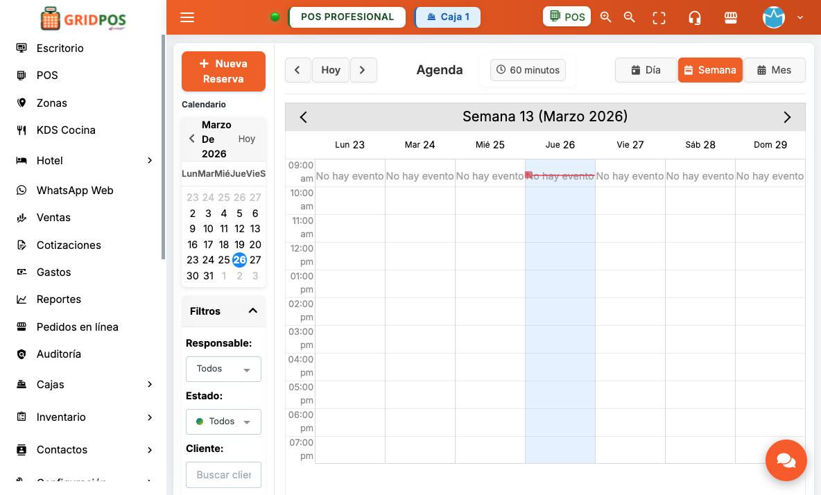 GridPOS — Agenda vista semanal con franjas horarias