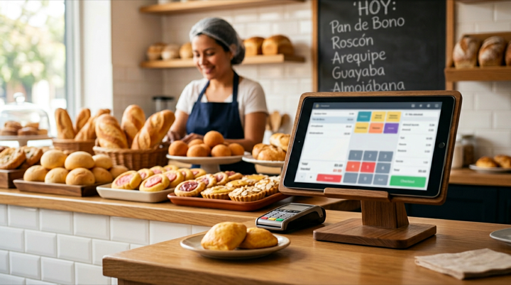 Mostrador de panadería con tablet para punto de venta y productos recién horneados