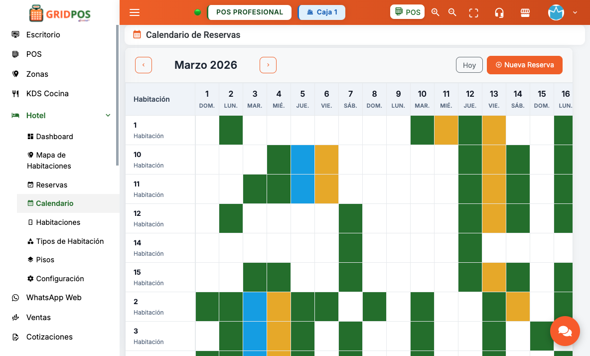 GridPOS — Calendario de reservas por habitación y fechas