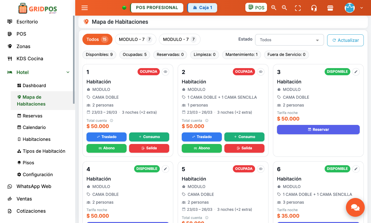 GridPOS — Mapa de habitaciones con estados y acciones