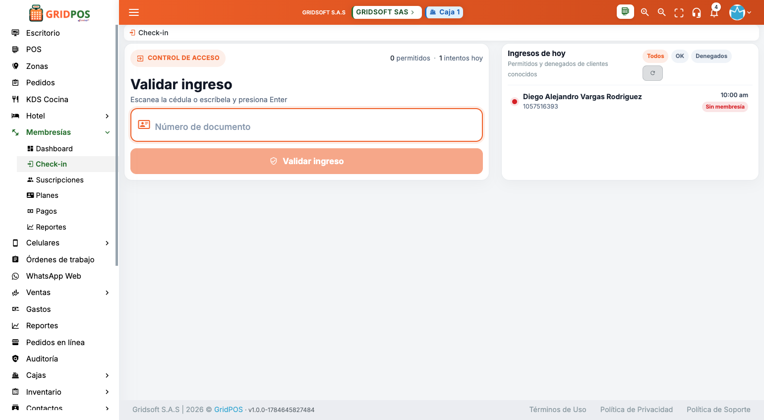 GridPOS — Check-in de membresía por documento con resultado permitido