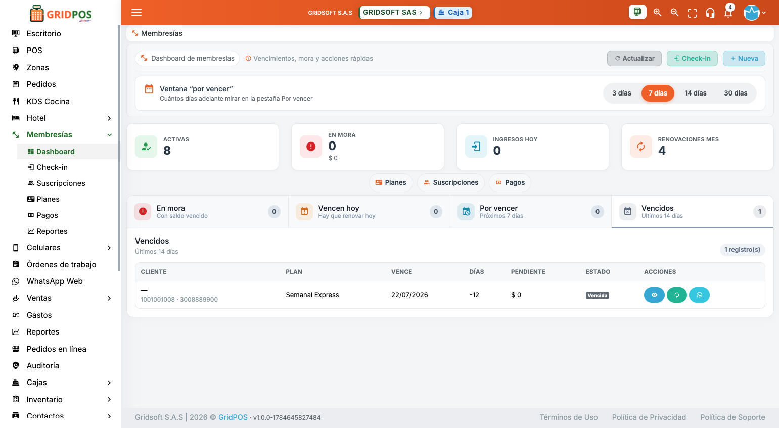 GridPOS — Dashboard de membresías con KPIs de activas, mora y check-ins