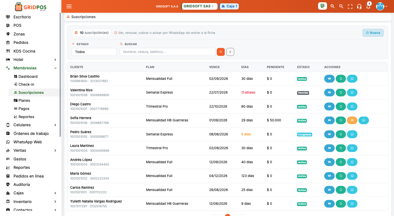 GridPOS — Listado de suscripciones de membresía con cliente, plan y estado