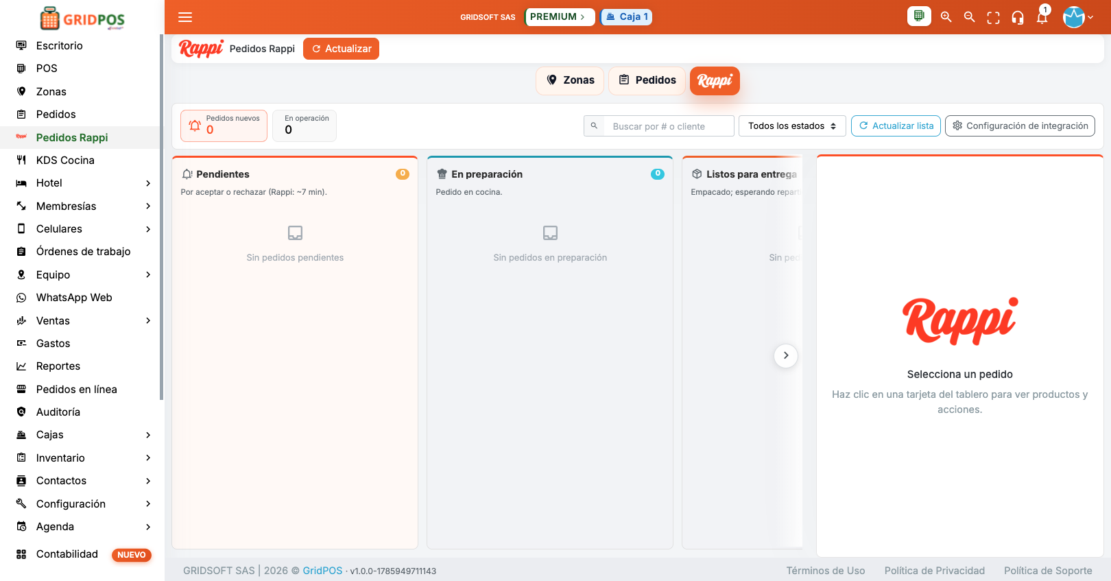 GridPOS — Pedidos Rappi en kanban pendientes y preparación