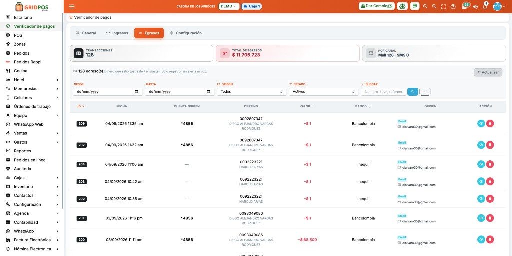 GridPOS verificador de pagos pestaña Egresos con salidas por transferencia